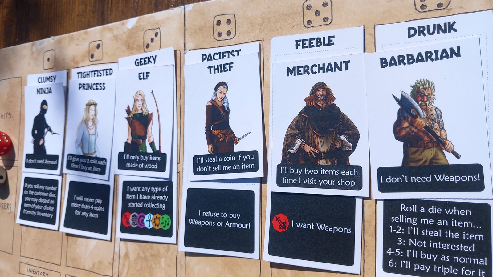 Dungeon Shopkeeper prototype character cards showing unique adventurer types